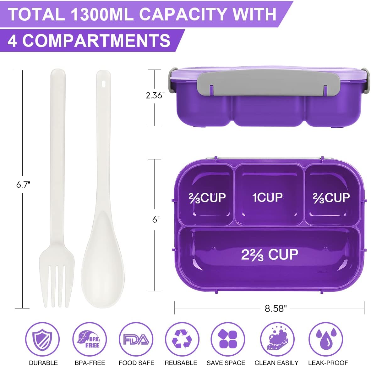 27Pcs Bento Box Lunch Box Kit Purple, 1300ML Lunch Container for Kids/Adults, Durable Leak-proof Box 4 Compartments with Spoon Fork Bag Accessories, Microwave Dishwasher Freezer Safe,BPA-Free