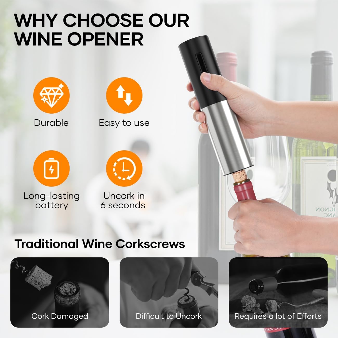 Electric Wine Opener Rechargeable, Assark Cordless Automatic Electric Wine Bottle Corkscrew Opener with Foil Cutter,Wine Pourer and Vacumm,One-click Button Reusable Wine Opener, For Festival Party