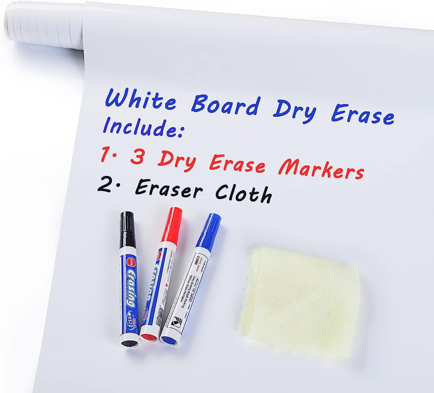 White Board Dry Erase, 17.7×98.4 Inch Long with 3 Dry Erase Marker, Peel and Stick Whiteboard Paper, Dry Erase Sticker for Wall, Classroom, Office, Home and for Kids Drawing.