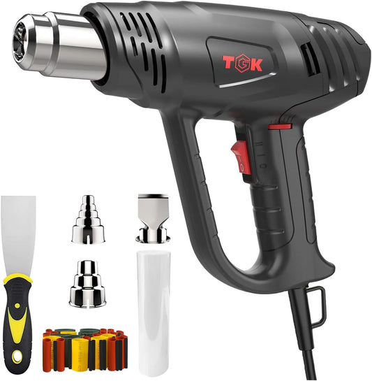 Heat Gun, TGK® 1800W Heavy Duty Hot Air Gun Kit 122℉~1202℉ Dual Temperature Settings with 6 Nozzle Attachments Overload Protection for Crafts, Shrink Wrapping/Tubing, Paint Removing, Epoxy Resin