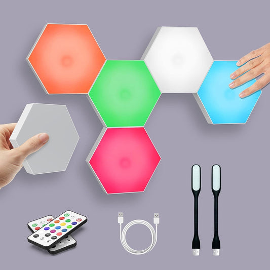 Hexagon Lights, Touch Discolored Hexagon Wall Lights, Hex Lights with Remote and USB Power, Wall-mounted Led Light Wall Panels-DIY Stitching Gift, Suitable for Living room, Bedroom, Game Room（6 packs）