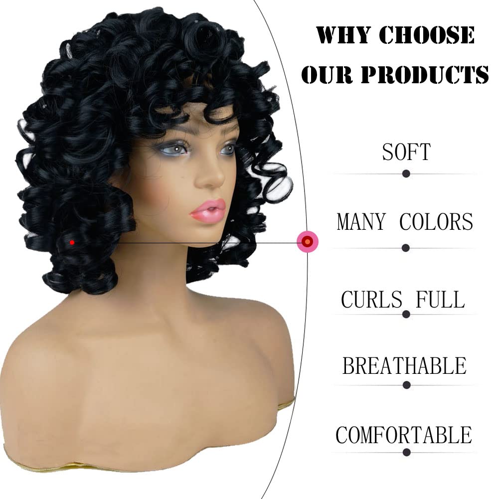 Short Curly Wigs for Black Women Soft Black Big Curly Wig with Bangs Afro Kinky Curls Heat Resistant Natural Looking Synthetic Wig for African American Women (Big Curly)