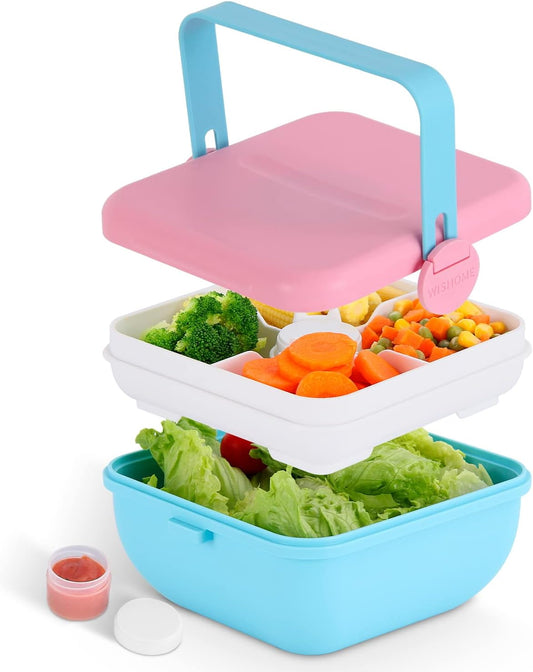 Bento Lunch Box, Salad Container with Dressing Cup, 45-oz Salad Bowls with 4 Compartments,BPA-Free Spill Proof Adult Portable Lunch Container for Lunch, Snack & Travel (Pink)