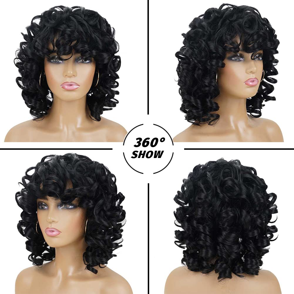 Short Curly Wigs for Black Women Soft Black Big Curly Wig with Bangs Afro Kinky Curls Heat Resistant Natural Looking Synthetic Wig for African American Women (Big Curly)