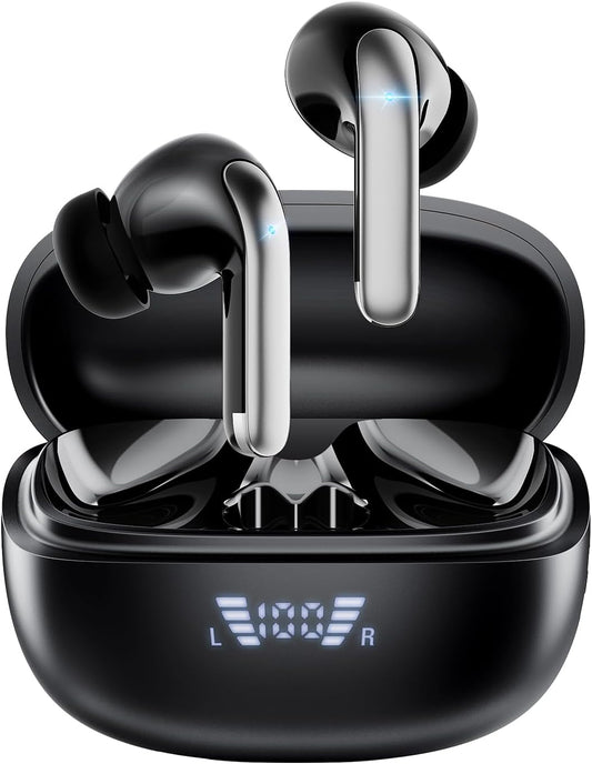 Wireless Earbuds, Bluetooth 5.3 Headphones 40H Playtime with 4 ENC Noise-Cancelling Mic, LED Digital Display Charging Case, Deep Bass IPX7 Waterproof Earphones Stereo Headset for Android iOS Black