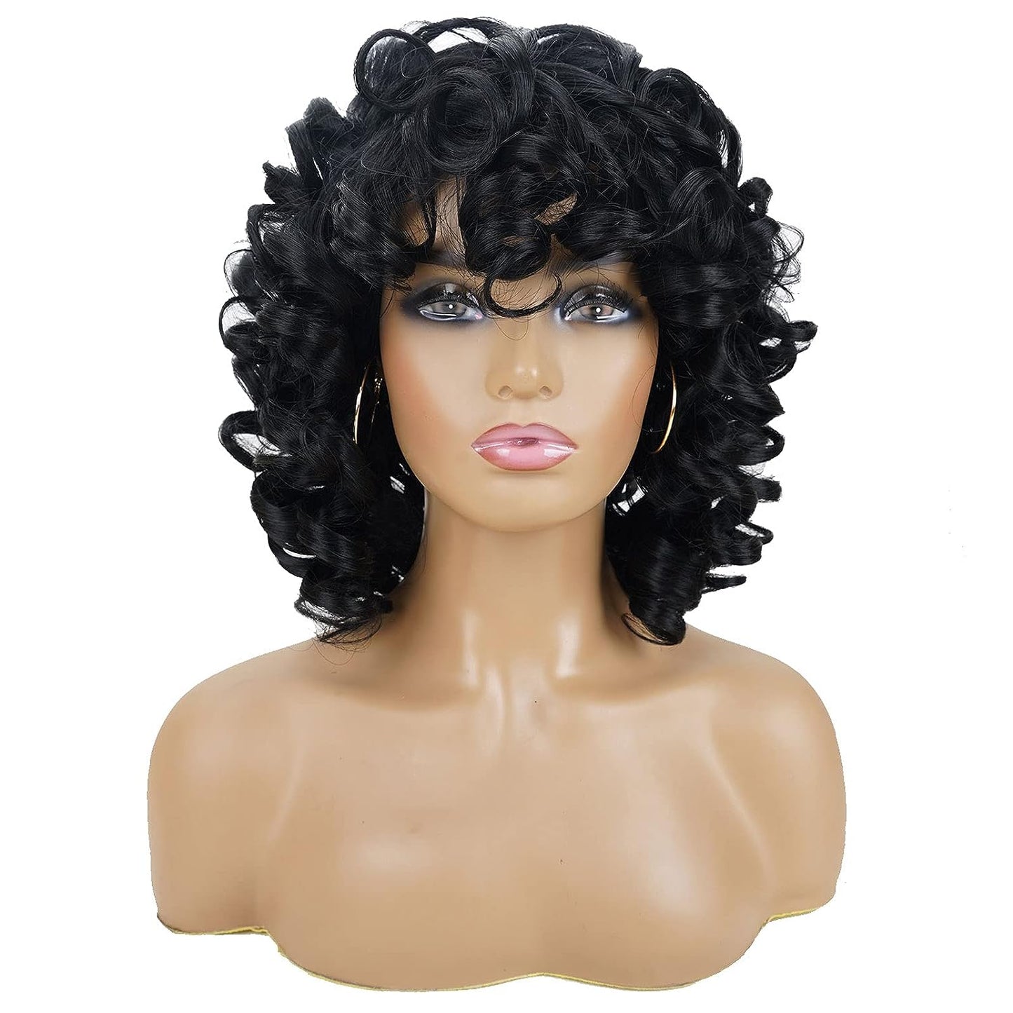 Short Curly Wigs for Black Women Soft Black Big Curly Wig with Bangs Afro Kinky Curls Heat Resistant Natural Looking Synthetic Wig for African American Women (Big Curly)