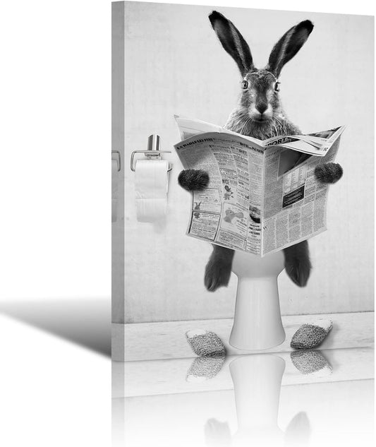 HKDGOKA Cute Rabbit Bathroom Wall Art - Farmhouse Style Animals Bathroom Wall Decor Black and White Canvas Wall Art Ready To Hang for Living Room,Bedroom,Bathroom Decor 11x15inch