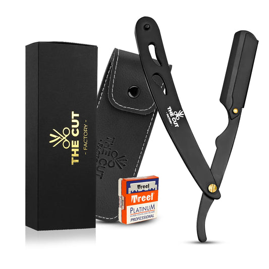 The Cut- Factory- Straight Razor with 100 Pack Platinum Treat Professional Barber Single Blade Edge Razors for Men for Close Shaving 100 Percent Stainless Steel-Black