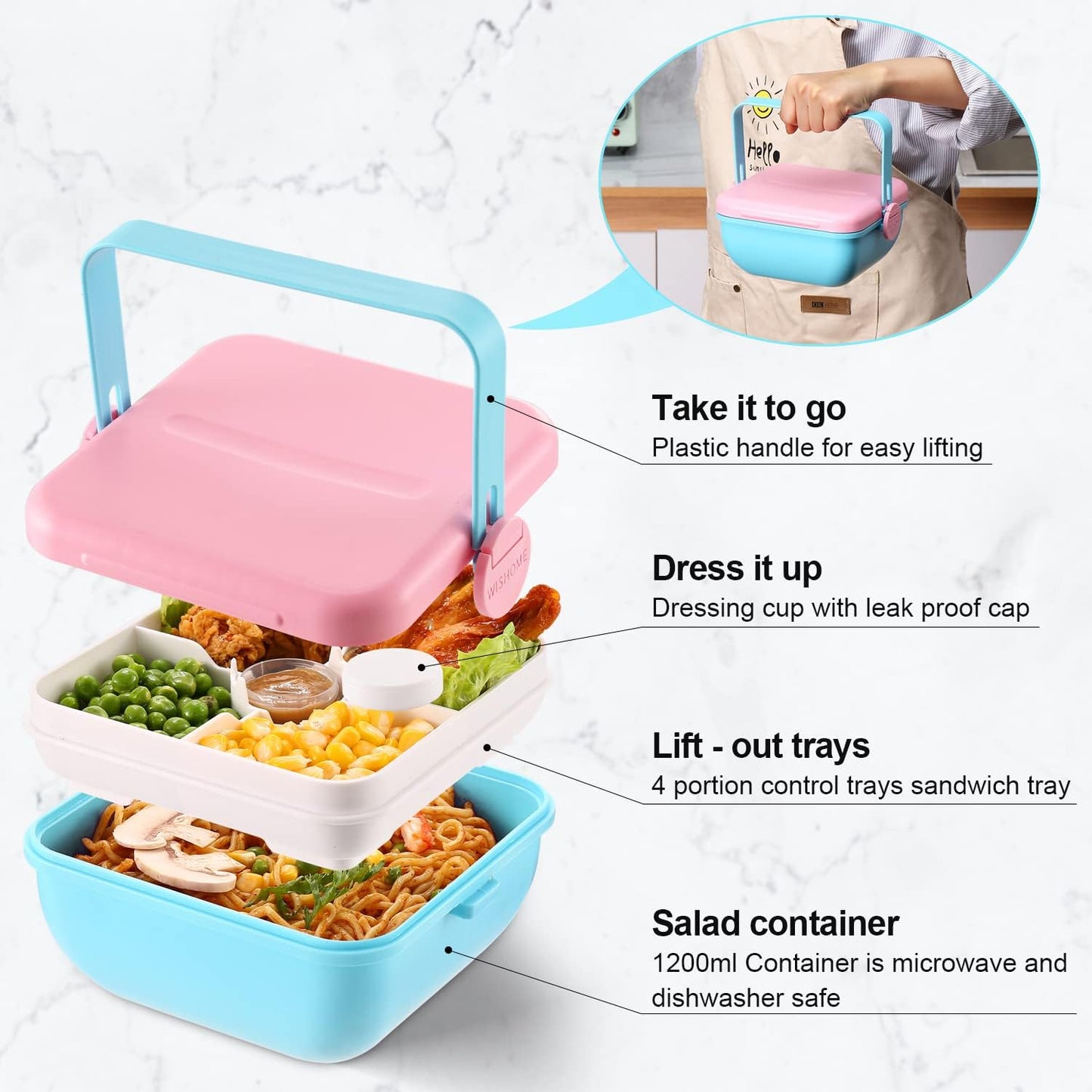 Bento Lunch Box, Salad Container with Dressing Cup, 45-oz Salad Bowls with 4 Compartments,BPA-Free Spill Proof Adult Portable Lunch Container for Lunch, Snack & Travel (Pink)