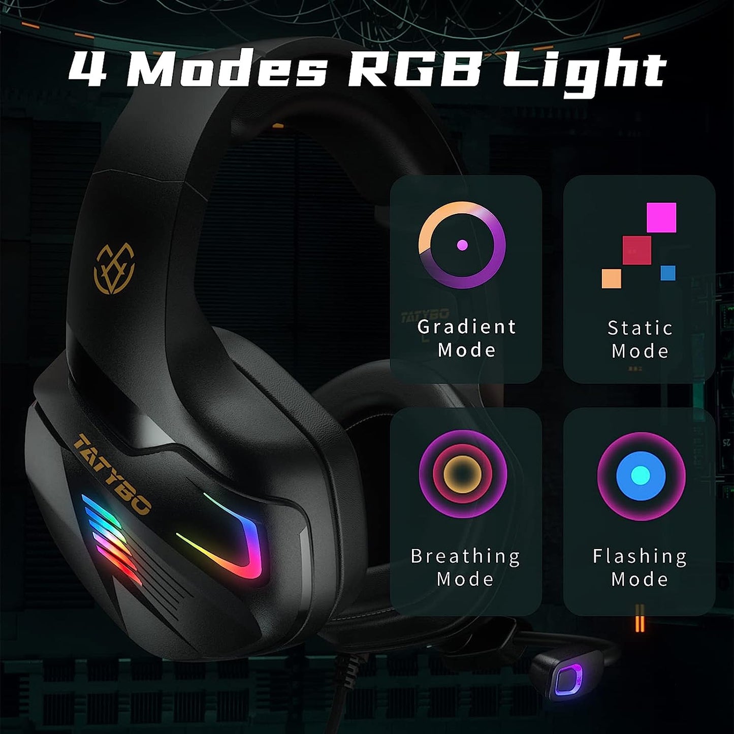 Tatybo Gaming Headset for PC PS4 PS5 Xbox One Switch with Mic, PS4 Headset with Super Big Earmuffs & 4 Modes RGB Light