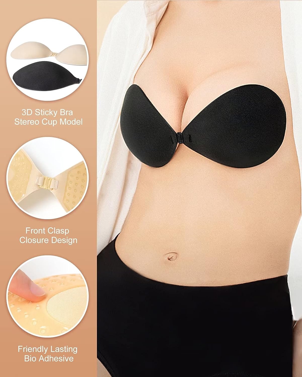 Adhesive Bra Push Up for Women 2 Pair, Sticky Invisible Lifting Bra, Backless Strapless Bras for Dress with Pasties