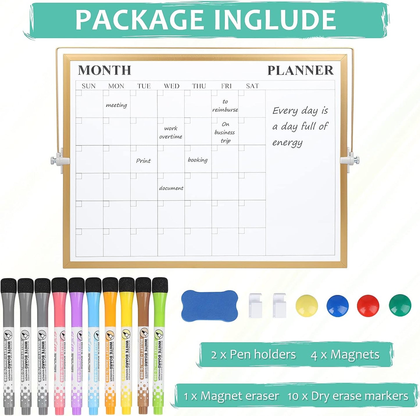 White Board, Jorking Dry Erase Calendar 16”x12” Magnetic Desktop Whiteboard with Stand, Monthly whiteboard for Wall Portable Double-Sided Dry Erase Board for Kitchen, Office, School, Gift idea, Golden