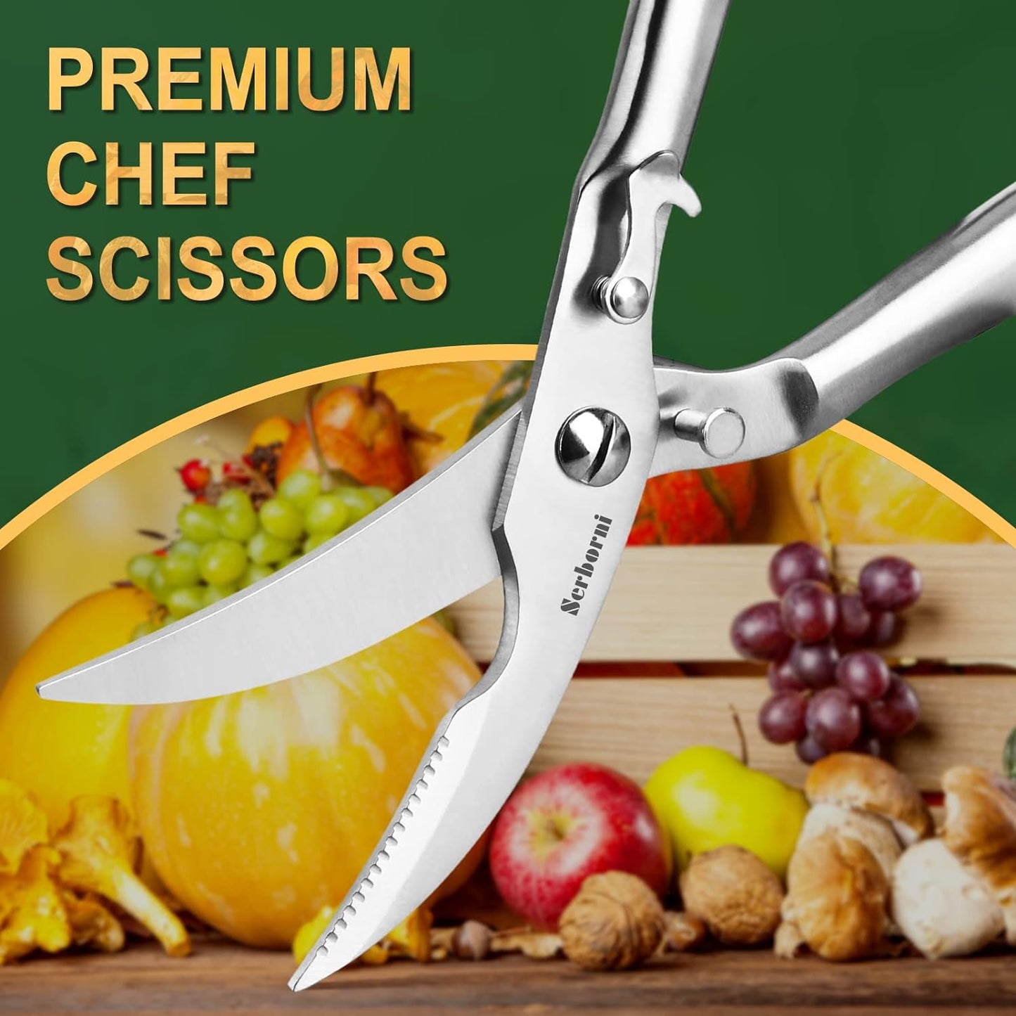 Serborni Kitchen Shears Heavy Duty Poultry Metal Premium Kitchen Scissors With Safety Lock For Chicken, Bones, Turkey, Meat, Fish, Seafood, Vegetables, Herbs (Pro)