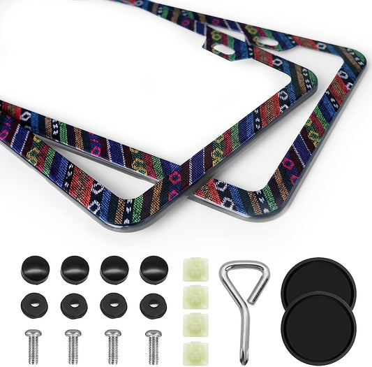 Boho License Plate Frames, 2-Pack Car License Plate Frames with Coasters Universal Thin Profile Stainless Steel Boho car Accessories, Hippie License Plate Frames for Women