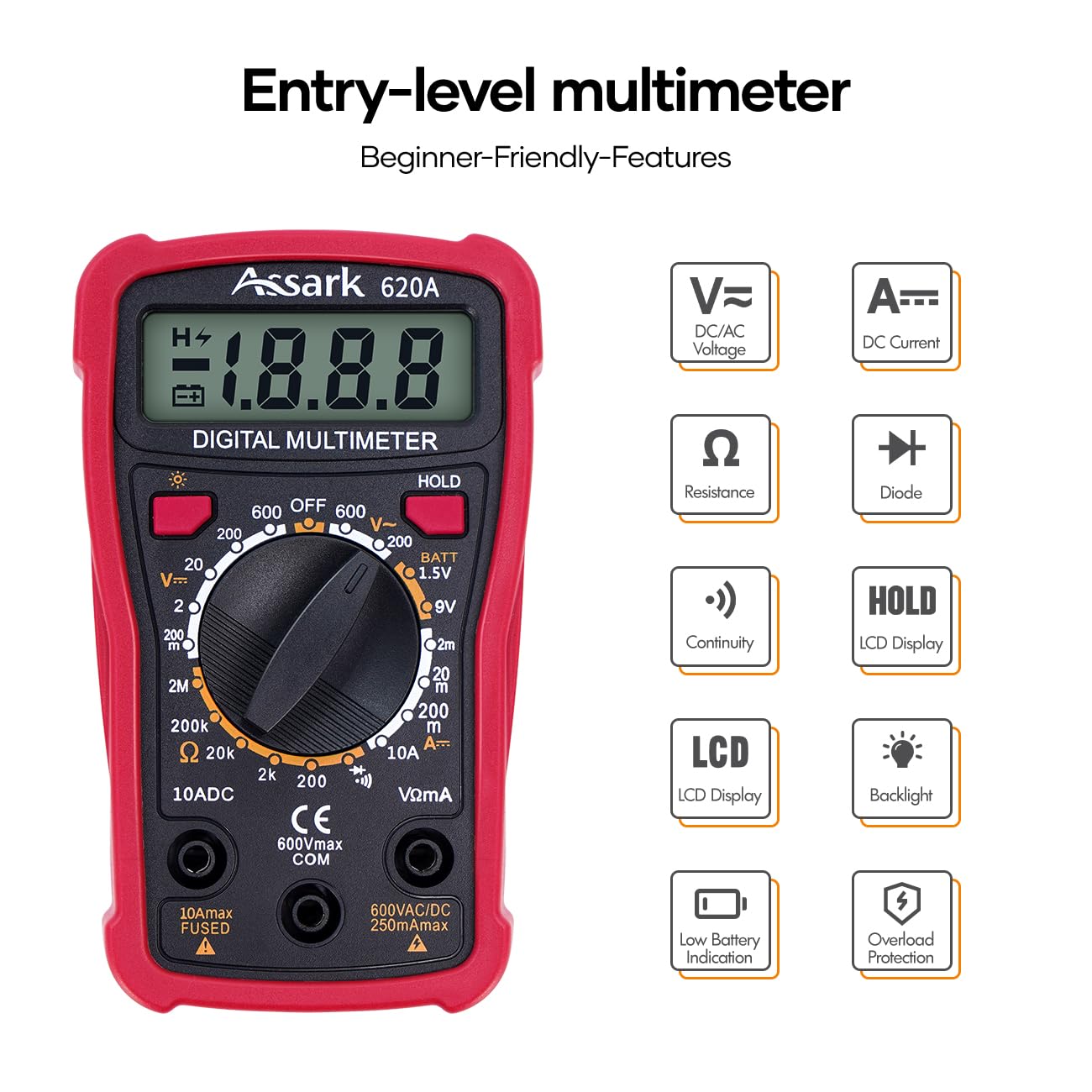 Digital Multimeter Voltage Tester, Assark 2000 Counts Multimeter Measure AC DC Voltage DC Current, Meter Tester Test Volt Ohm Amp Diode Continuity,Resistance,Backlit LCD Display,Data Hold Function