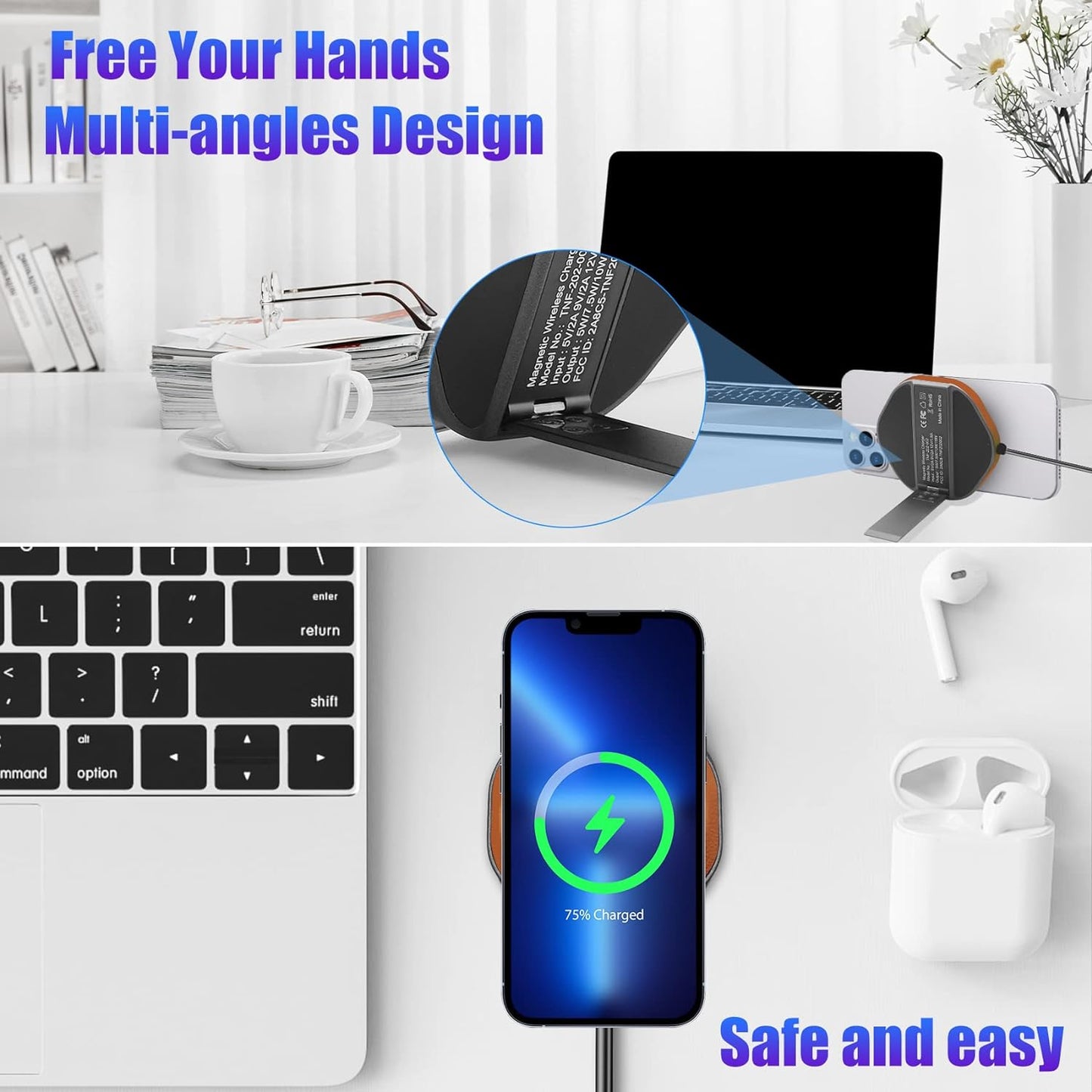 Wireless Charger iPhone with Kickstand,Charger for iPhone 14/14 Plus/14 Pro/14 Pro Max/iPhone 13/13 Pro/13 Pro Max/13 Mini/iPhone 12 Series, AirPods,Brown [ USB+Type-c][No AC Adapter]