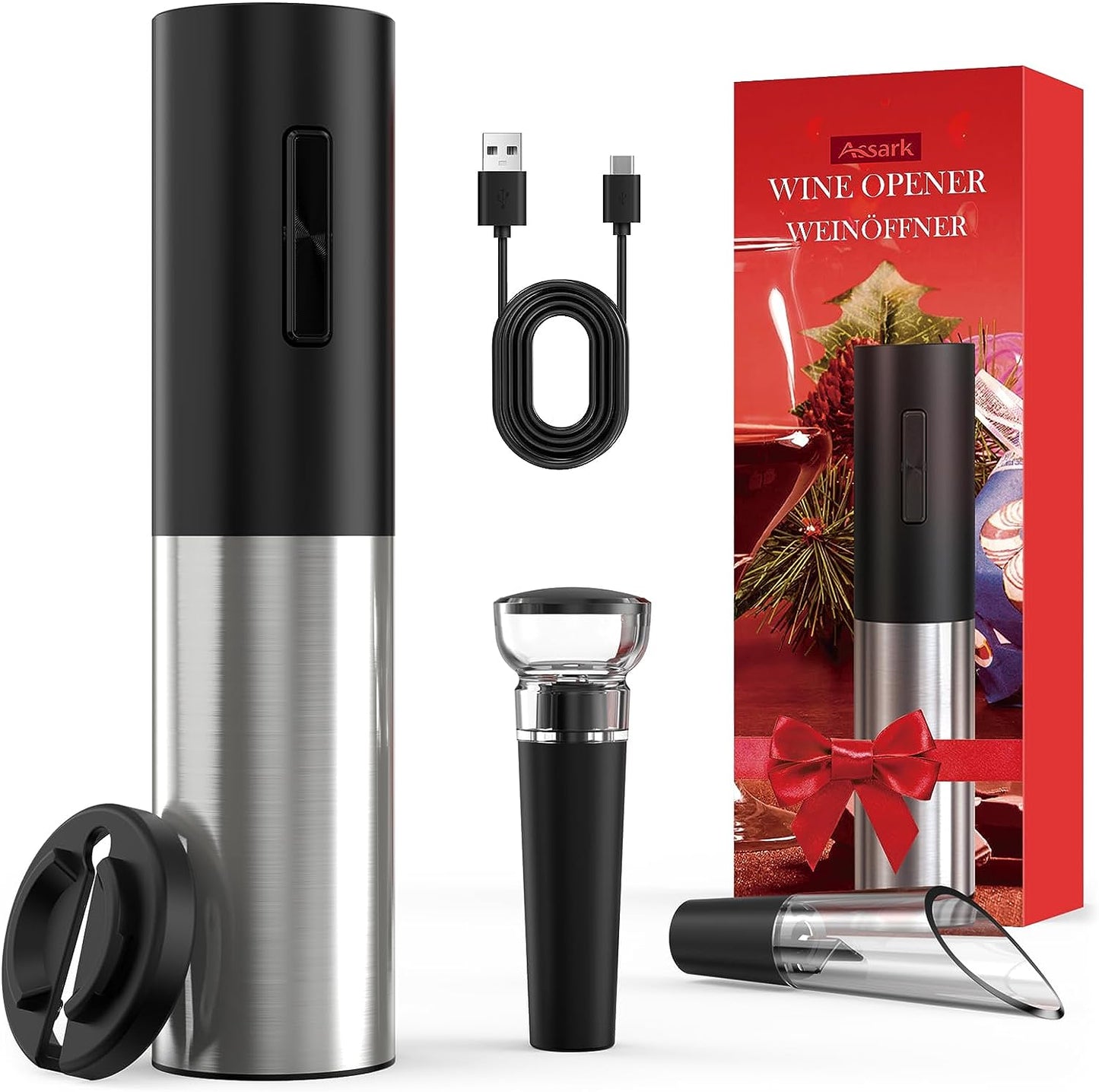 Electric Wine Opener Rechargeable, Assark Cordless Automatic Electric Wine Bottle Corkscrew Opener with Foil Cutter,Wine Pourer and Vacumm,One-click Button Reusable Wine Opener, For Festival Party