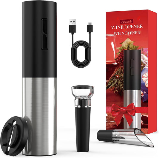 Electric Wine Opener Rechargeable, Assark Cordless Automatic Electric Wine Bottle Corkscrew Opener with Foil Cutter,Wine Pourer and Vacumm,One-click Button Reusable Wine Opener, For Festival Party