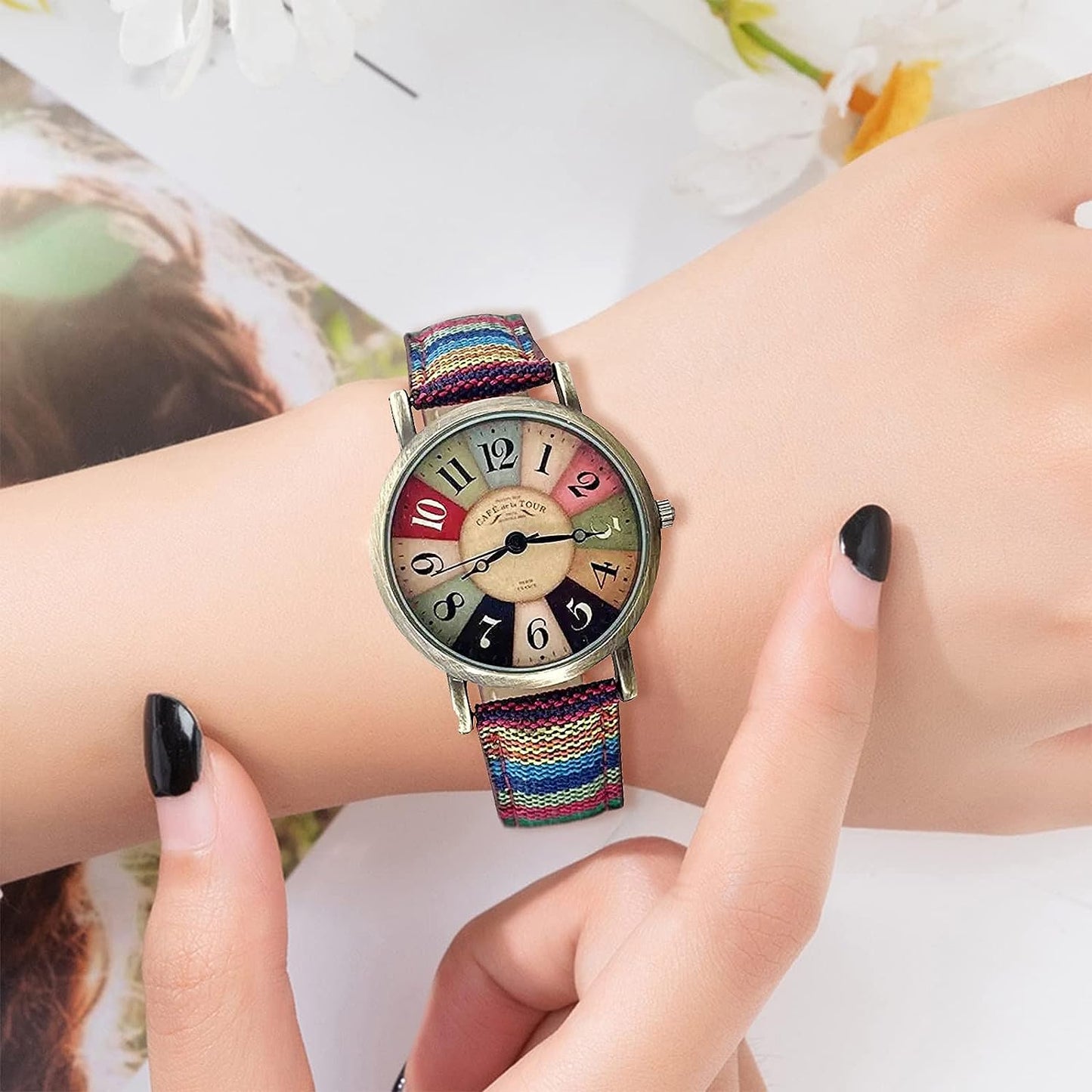 Women's Fabric Leather Vintage Metal Gold Tone Watch,Watches for Women with Multicolour Rainbow Pattern Leather Best Valentine's Day Mother's Day Gift