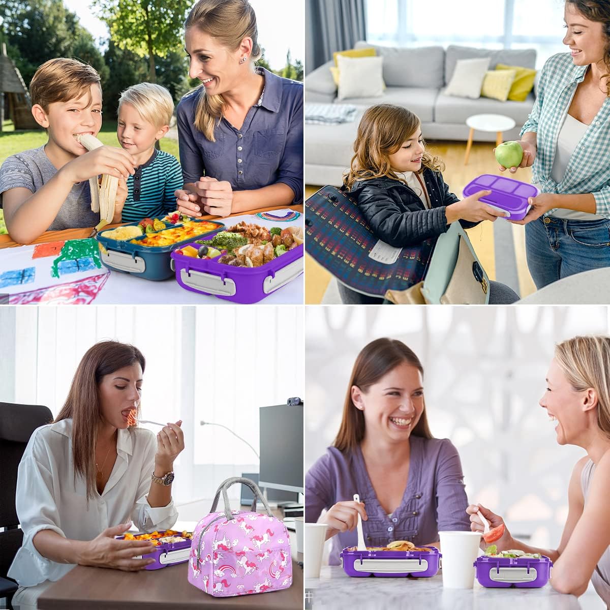 27Pcs Bento Box Lunch Box Kit Purple, 1300ML Lunch Container for Kids/Adults, Durable Leak-proof Box 4 Compartments with Spoon Fork Bag Accessories, Microwave Dishwasher Freezer Safe,BPA-Free