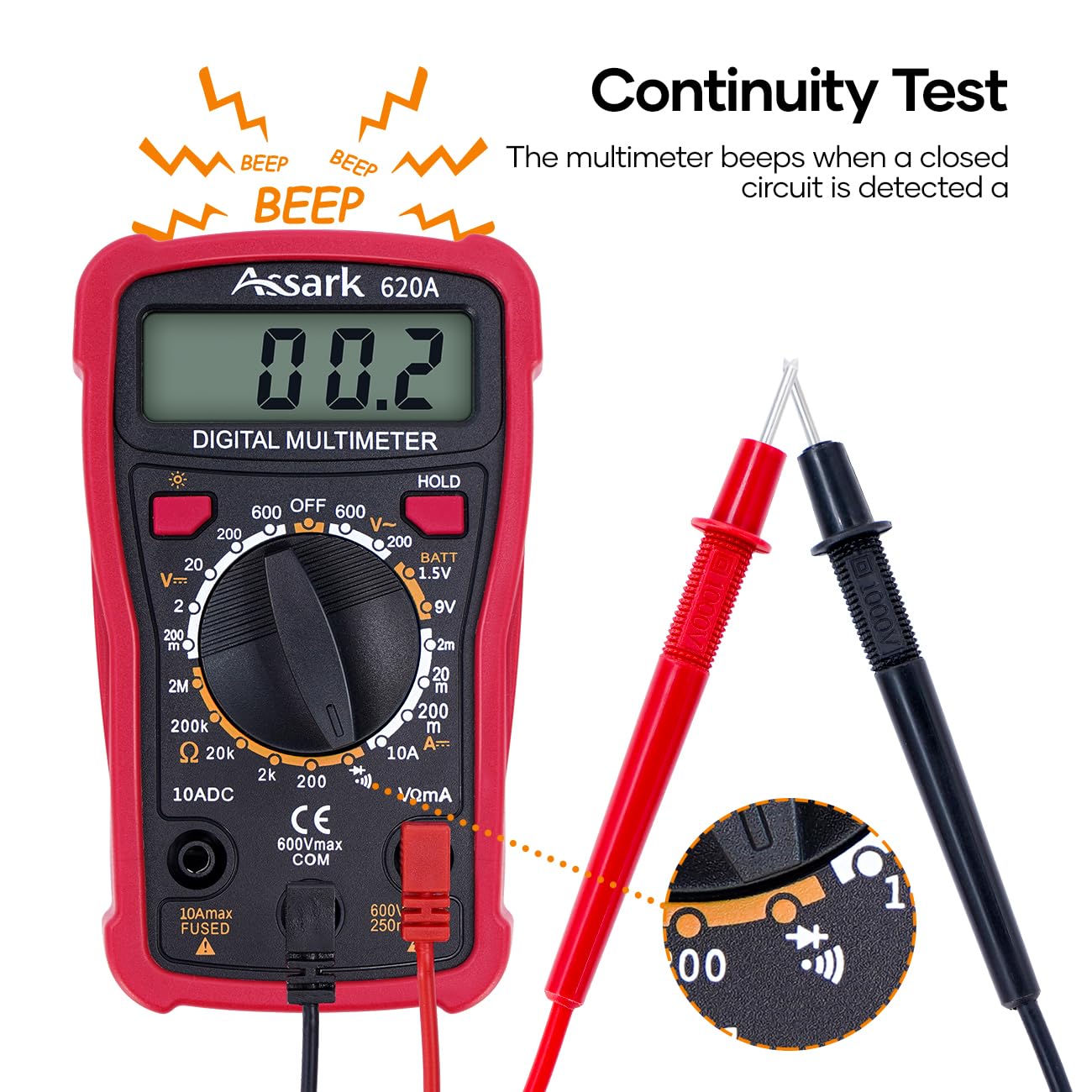 Digital Multimeter Voltage Tester, Assark 2000 Counts Multimeter Measure AC DC Voltage DC Current, Meter Tester Test Volt Ohm Amp Diode Continuity,Resistance,Backlit LCD Display,Data Hold Function