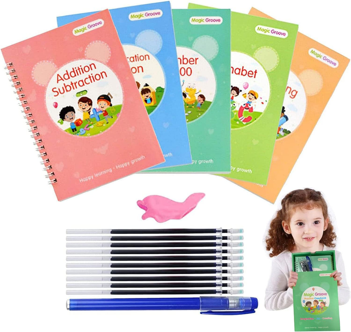 5 Pc Grooved Handwriting Practice for Kids,Repeatedly Magic Calligraphy Book Set,Groovd Kids Writing Books with Pens & Aid Pen Grips (5 Books+Pens)