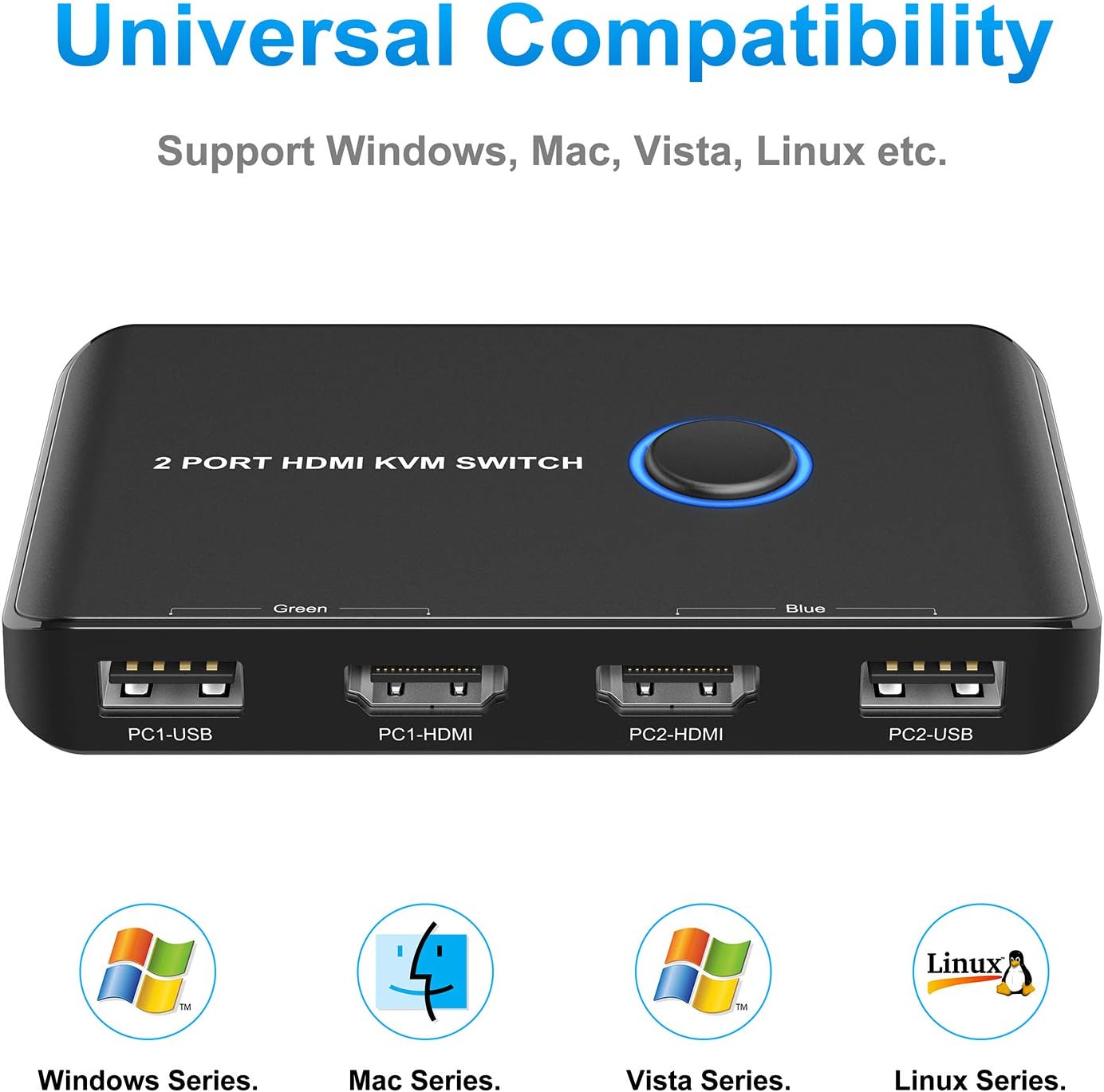 KVM Switch HDMI 2 Port Box,ABLEWE USB and HDMI Switch for 2 Computers Share Keyboard Mouse Printer and one HD Monitor,Support UHD 4K@60Hz,with 2 USB Cable and 2 HDMI Cable