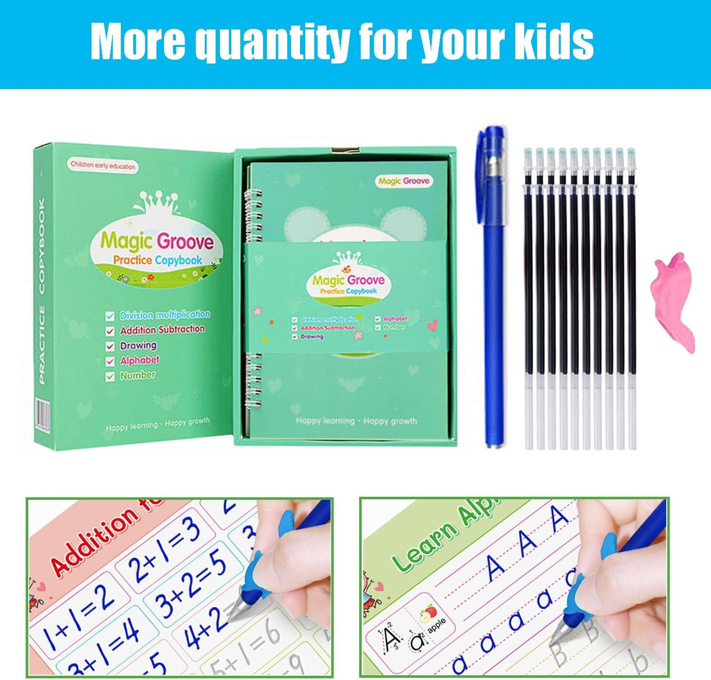 5 Pc Grooved Handwriting Practice for Kids,Repeatedly Magic Calligraphy Book Set,Groovd Kids Writing Books with Pens & Aid Pen Grips (5 Books+Pens)