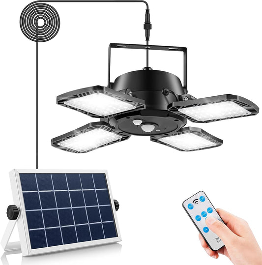 Solar Pendant Lights Outdoor Indoor,Solar Powered Motion Sensor Shed Light with 4 Lighting Mode & Dimmable Remote Control,6000K IP65 Waterproof Solar Shed Lights Motion Sensor for Yard Garage