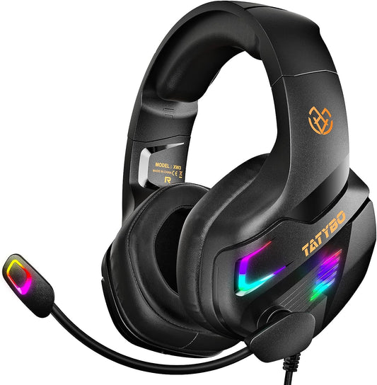 Tatybo Gaming Headset for PC PS4 PS5 Xbox One Switch with Mic, PS4 Headset with Super Big Earmuffs & 4 Modes RGB Light
