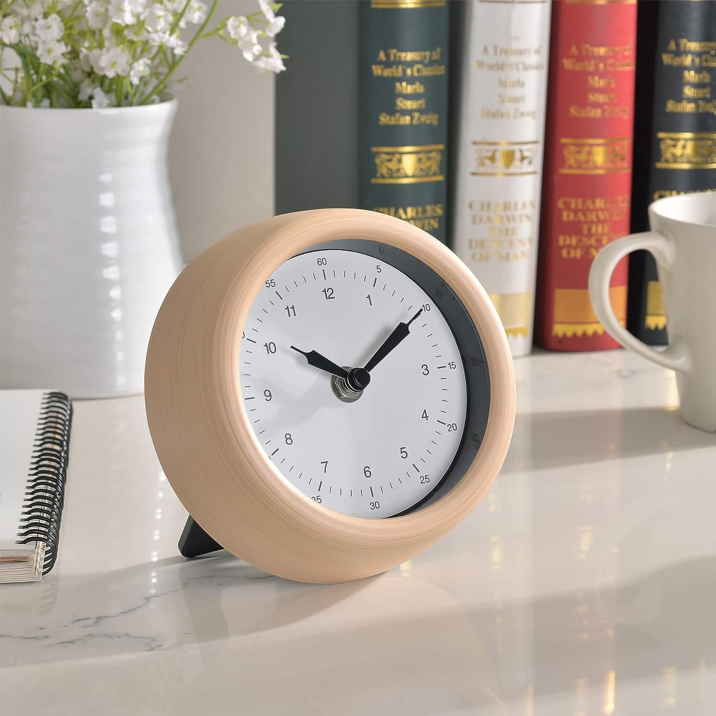 5 Inch Alarm Clock Non-Ticking Silent Clock Battery Operated, Elegant Wooden Wall Clocks Decorative for Bedroom, Bedside, Desk