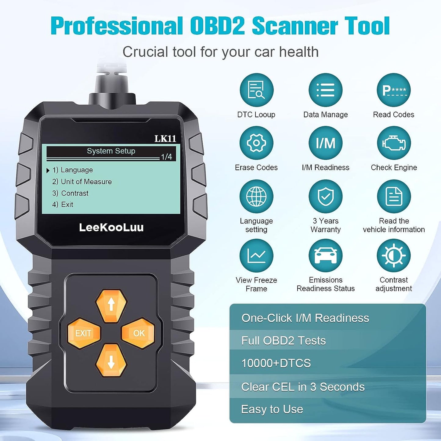 OBD2 Scanner Clear Reset Engine Alert Code - Easy to Set-up Use Professional Code Reader Scan Tool for All OBD II Protocol Cars Since 1996 with Freeze Frame/I/M Readiness Diagnostic -LeeKooLuu LK11