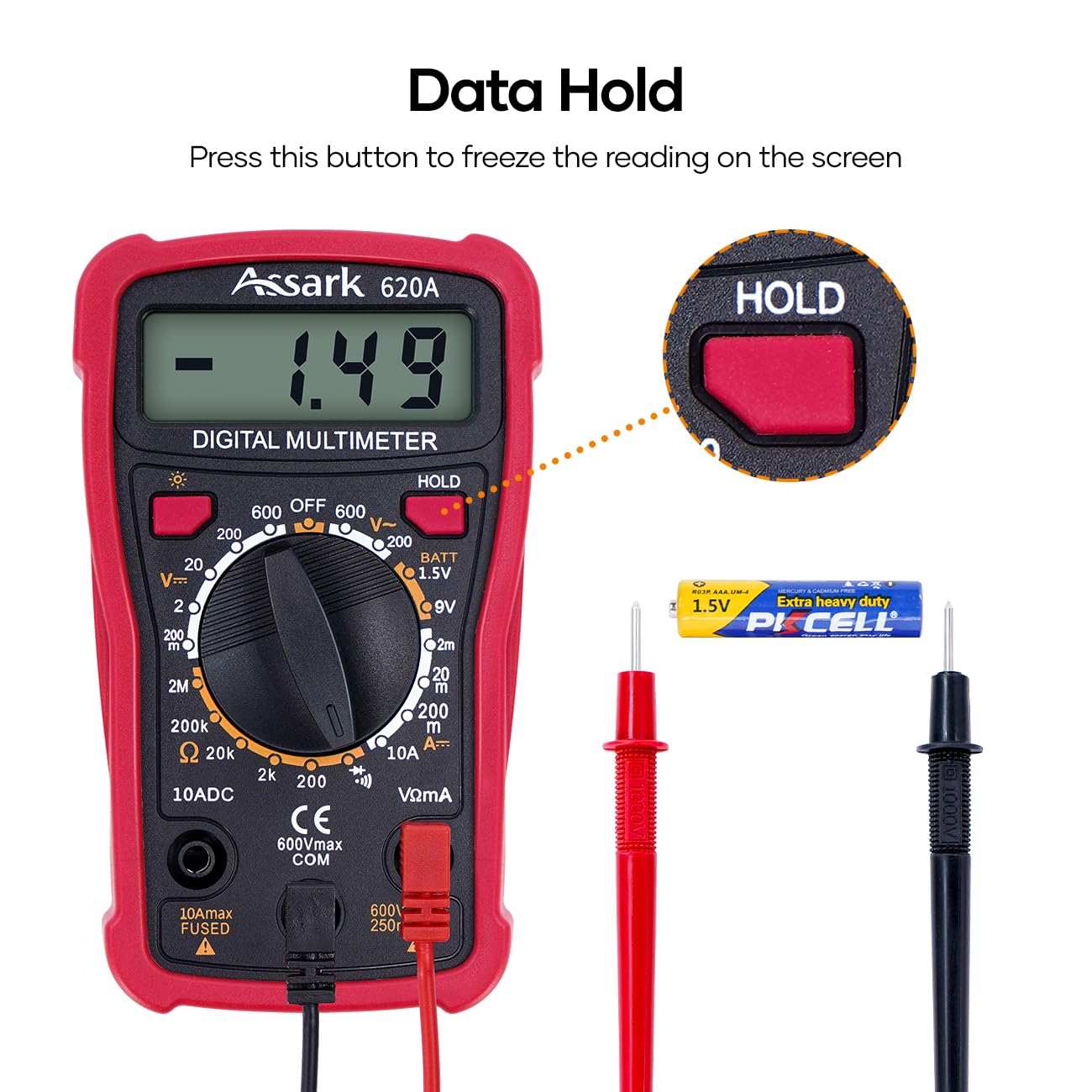 Digital Multimeter Voltage Tester, Assark 2000 Counts Multimeter Measure AC DC Voltage DC Current, Meter Tester Test Volt Ohm Amp Diode Continuity,Resistance,Backlit LCD Display,Data Hold Function