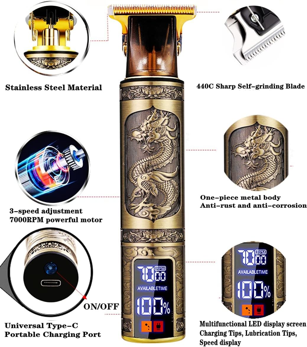 Professional Hair Trimmer for Men,T-Blade Zero Gapped Cordless Edger Clipper Cutting Rechargeable Liners Electric Beard Shaver with LED Display (Gold)