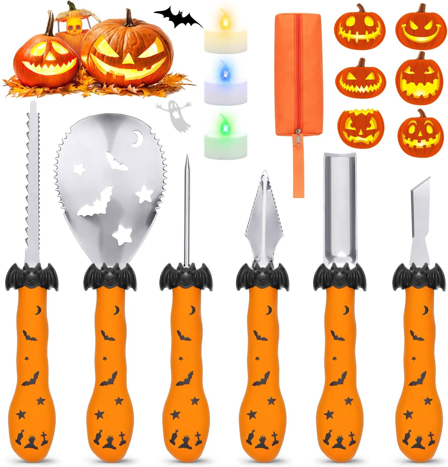 Halloween Pumpkin Carving Kit, Heavy Duty Stainless Steel Pumpkin Carving Tools Set, 6 PCS Professional Pumpkin Cutting Carving Stencils for Adults & Kids for Halloween Decoration Jack-O-Lantern