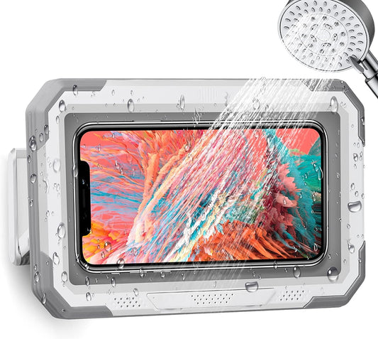 Shower Phone Holder, Waterproof Universal Shower Phone Case Phone Stand Wall Mount Bathroom Glass Mirror Bathtub Kitchen for iPhone 14 13 12 11 Pro Max up to 6.8" Any Cell Phone - White