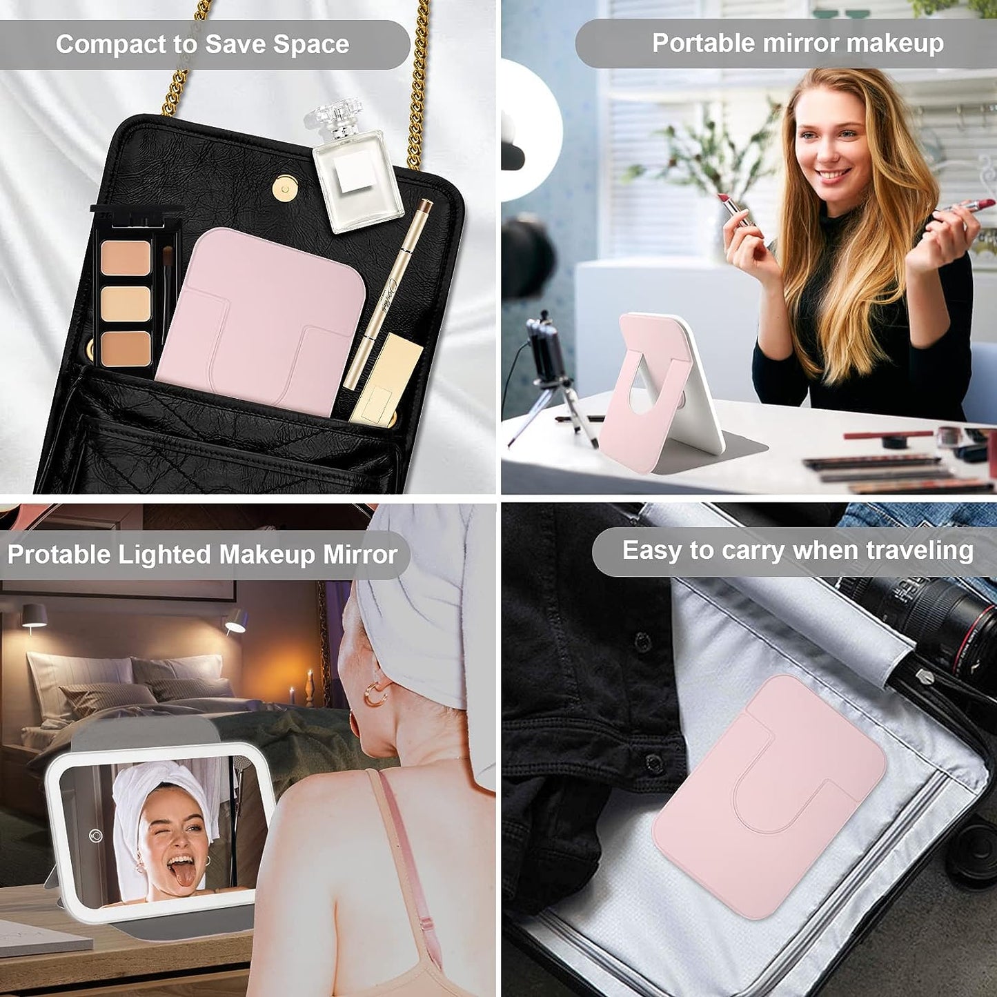 Portable Travel Lighted Makeup Mirror with 3 Color Lights, USB Rechargeable Compact Vanity Mirror, Dimmable Touch Screen and 360° Rotatable Lighted Beauty Mirror, LED Folding Cosmetic Mirror