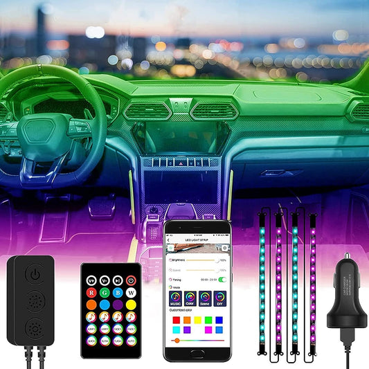 Interior Car Lights,Car Led Lights, Car Strip Lights RGB Car Lights Bluetooth App Control Lighting Kits, 48 LEDs DIY Mode and Music Sync Under Dash Car Lighting with Car Charger, DC 12