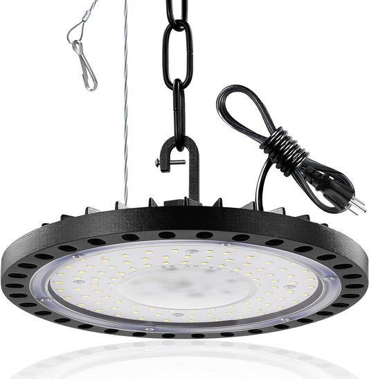 LED High Bay Light 100W,UFO High Bay LED Light with US Plug 5ft Cable,10000LM 6000K Daylight LED Commercial Shop Light,IP65 Waterproof LED Shop Light,Bay Lighting for Warehouse, Workshop, Garage