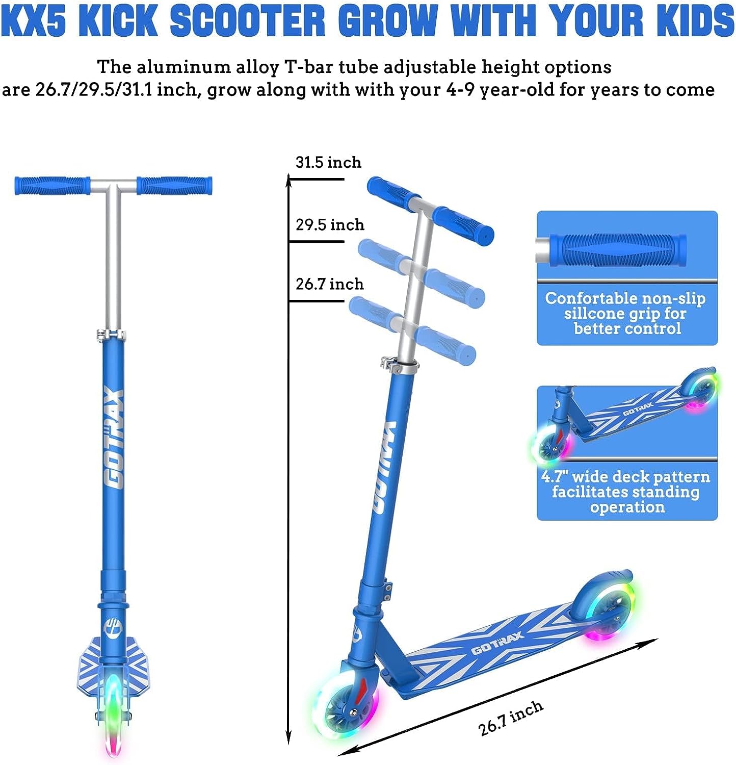 Kick Scooter, 3 Adjustable Heights and 5"/6" Flashing Wheels Kids Scooter, Lightweight Aluminum Alloy Scooter for Kids Boys Girls Age of 4-10