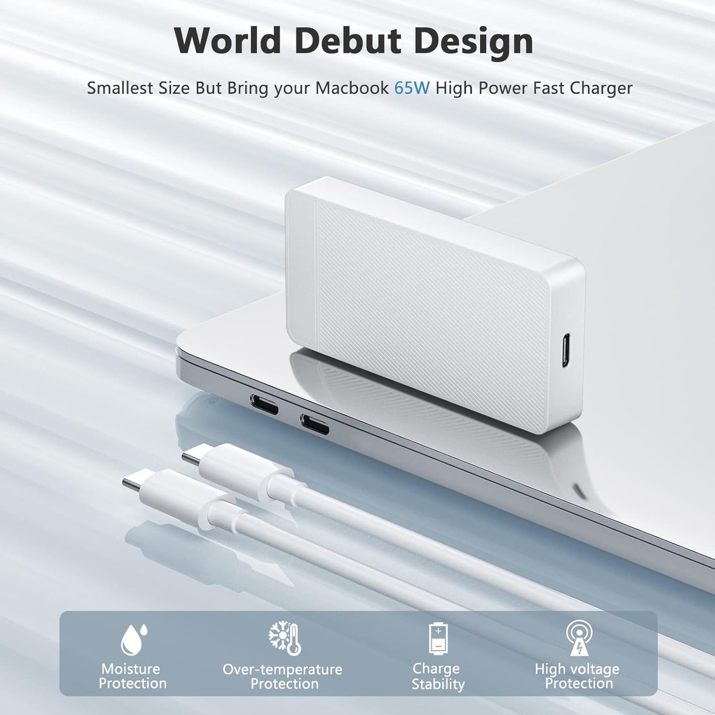 TOPSELL Mac Book Pro Charger - GaN 65W USB C Fast Power Adapter Compatible with MacBook 16, 15, 14, 13 Inch, Air, iPad 2021/2020/2019/2018, 6.6ft to Cable, White, A12-US
