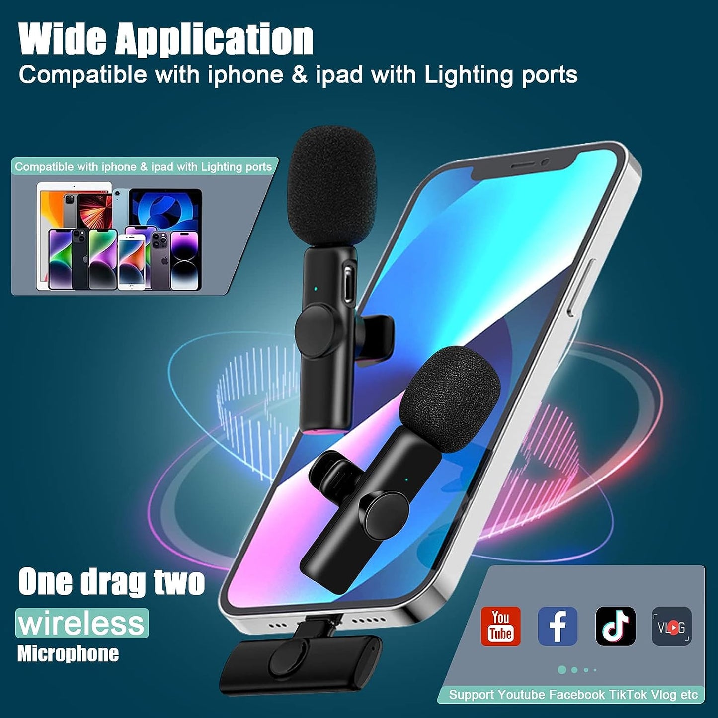 Wireless Lavalier Microphone for iPhone iPad,2.4Ghz Professional Wireless Microphones,Wireless Mic Plug-Play, Lapel Microphone for Video Recording YouTube Interview Vlog Live Stream
