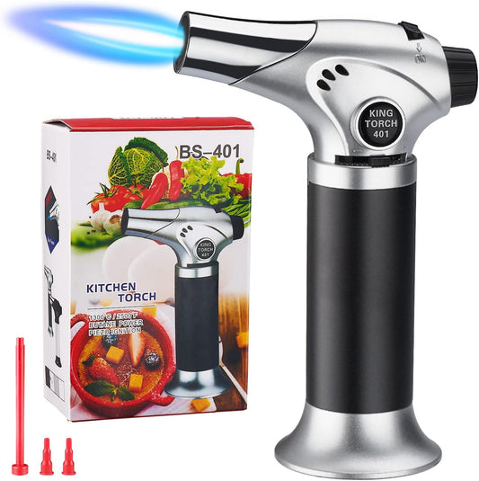 Refillable Kitchen Torch Lighter with Safety Lock & Adjustable Flame, Culinary Blow Torch Lighter for Desserts, Creme Brulee, BBQ and Baking(Butane Gas Not Included)