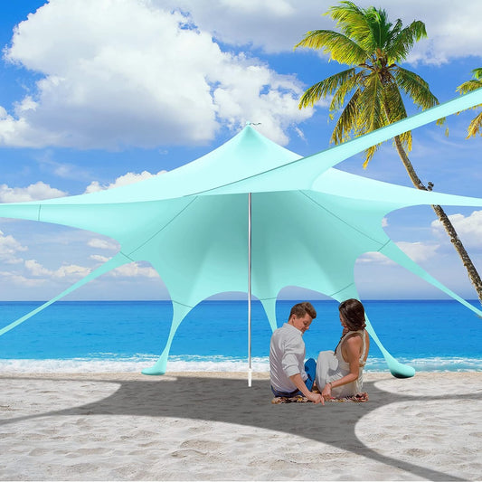 Beach Tent Canopy Pop Up Shade Sun Shelter 10x10ft Portable Family Sunshade UPF50+ with 8 Sandbags-2 Sand Shovel-Easy Foldable Pole-Pole Anchor-Ground Pegs-Carrying Bag for Outdoor Camping