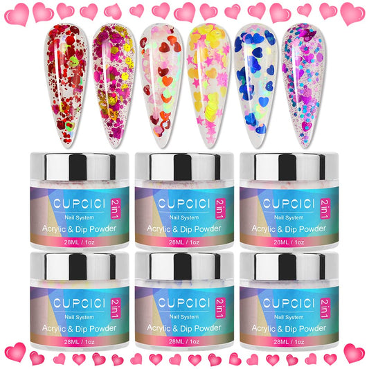 Acrylic Powder Set, 6 Colors Valentine's Day Nail Acrylic Powder 3D Heart Nail Glitter 2in1 Acrylic & Dip Powder Set for Acrylic Nail Extension Nails Home DIY Salon Nail Art Gifts