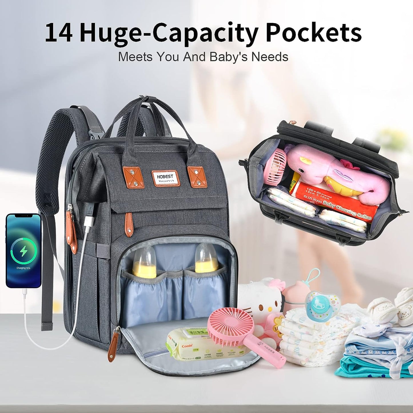 HOBEST Diaper Bag Backpack, Multifunction Large Travel Diaper Bag with Changing Pad and USB Charging Port for Moms Dads, Waterproof Unisex Baby Bag for Boys Girls, Baby Registry Search Shower Gifts