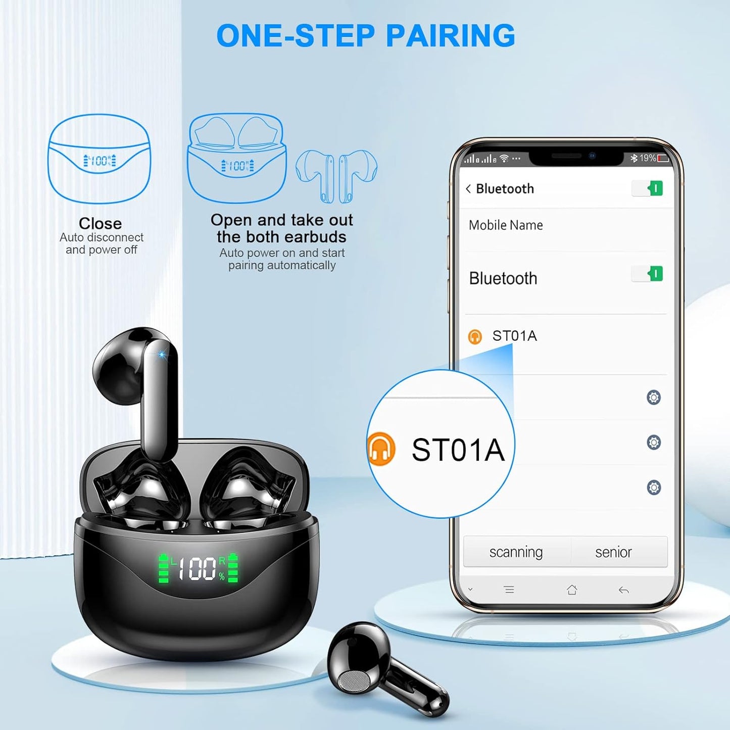 Wireless Earbuds, Bluetooth 5.3 Headphones Stereo Bass Bluetooth Earbuds Built in Noise Cancelling Mic 36H Playtime Wireless Earphones with Mini Charging Case IP7 Waterproof Ear Buds for Android iOS