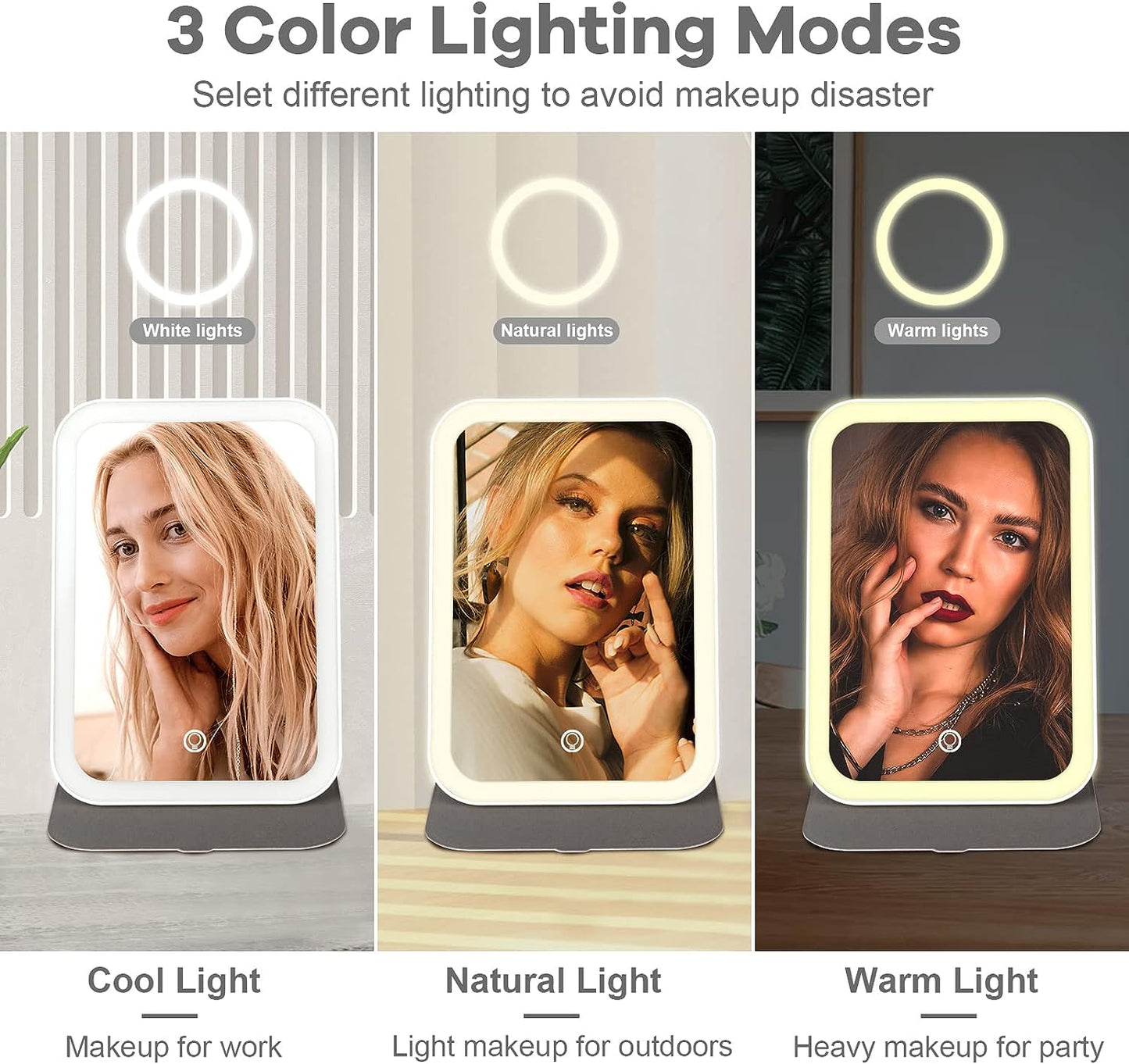 Portable Travel Lighted Makeup Mirror with 3 Color Lights, USB Rechargeable Compact Vanity Mirror, Dimmable Touch Screen and 360° Rotatable Lighted Beauty Mirror, LED Folding Cosmetic Mirror