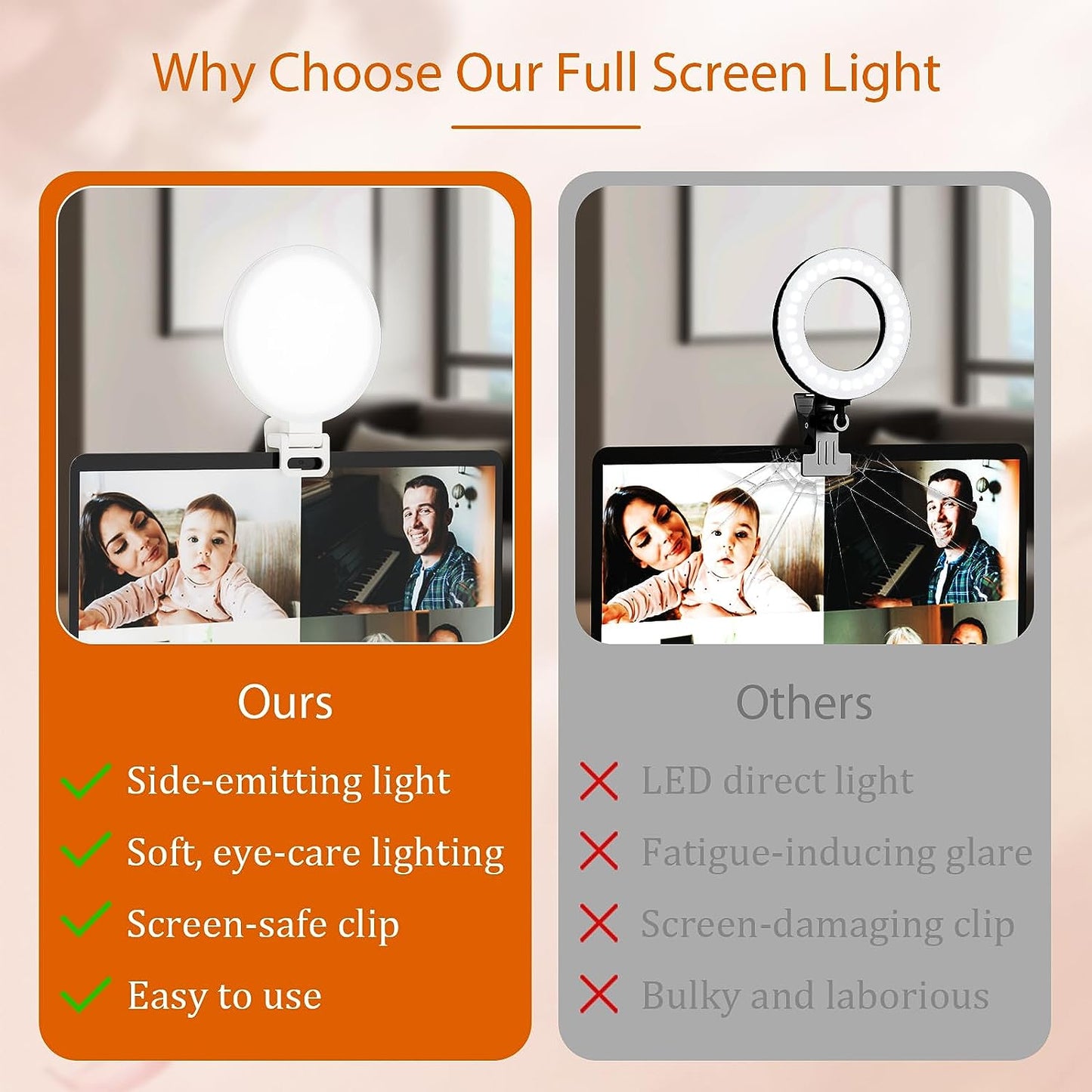 Full-Screen Ring Light 60 LED Side Lighting Anti-Glare Clip on Ring Light for Phone iPhone Laptop Computer Monitor, 3 Light Modes for Live Streaming, Selfies, Video Conference, Zoom Lighting