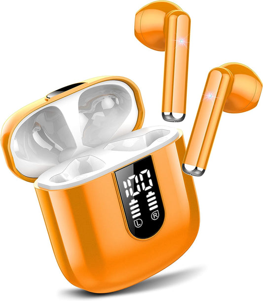 Jesebang Wireless Earbud, Bluetooth Headphones 5.3 Stereo Earphones 2023 Ear Buds 30H ENC Mic, in-Ear Earbud USB-C LED Display IP7 Waterproof Sport Headset for Android iOS, Orange